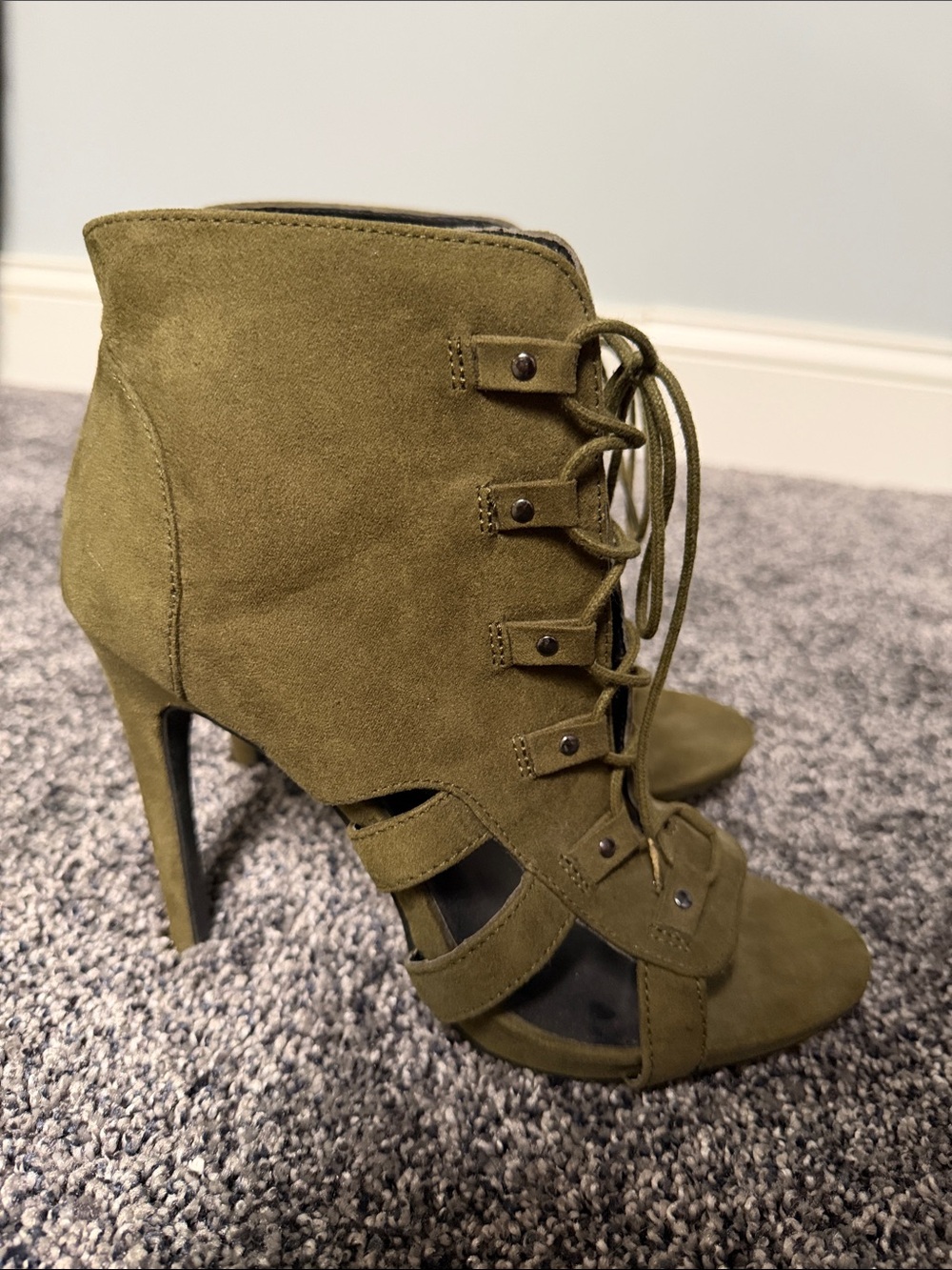 Wild Diva Olive Lace-Up Peep-Toe Ankle Heels